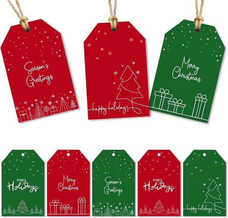 Paper Play Christmas Gift Tags with String - 80 Red & Green Holiday Tags, 8 Minimal Line-Art Designs - 350gsm Christmas Name Tags for Gifts & Presents - Image 1